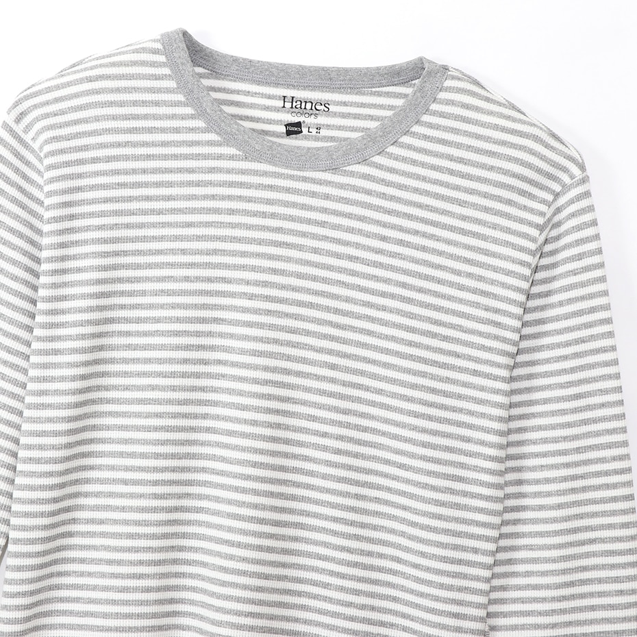 ボーダーワッフルロングスリーブ Hanes colors ヘインズ(HM4-Q102)